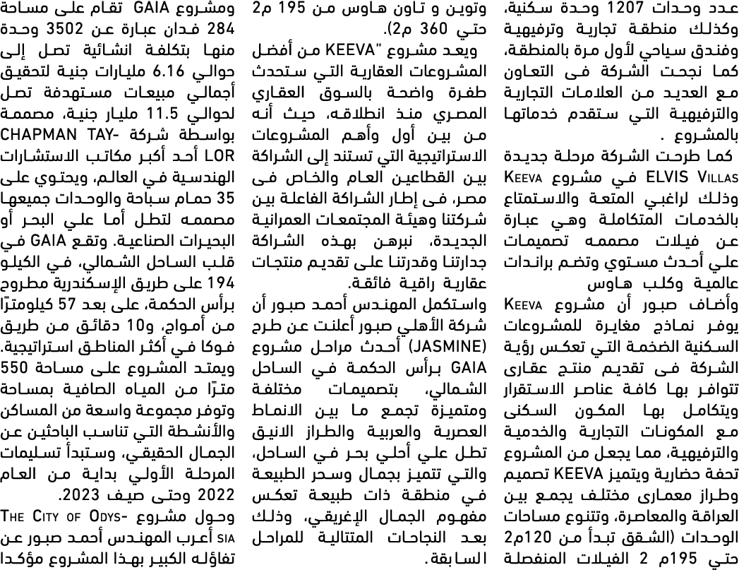 عدد وحدات 1207 وحدة سكنية، وكذلك منطقة تجارية وترفيهية وفندق سياحي لأول مرة بالمنطقة، كما نجحت الشركة فى التعاون مع ا...