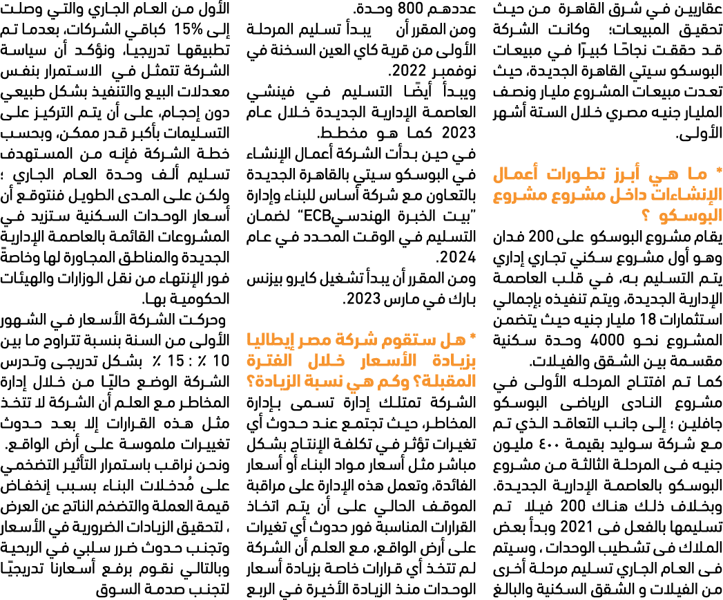 عقاريين في شرق القاهرة من حيث تحقيق المبيعات؛ وكانت الشركة قد حققت نجاحًا كبيرًا في مبيعات البوسكو سيتي القاهرة الجدي...