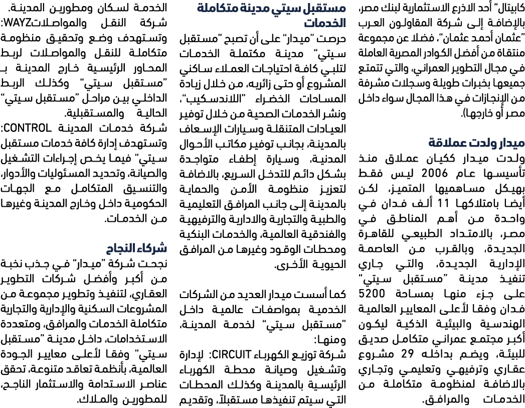 كابيتال” أحد الاذرع الاستثمارية لبنك مصر، بالإضافة إلى شركة المقاولون العرب “عثمان أحمد عثمان”، فضلا عن مجموعة منتقاة...