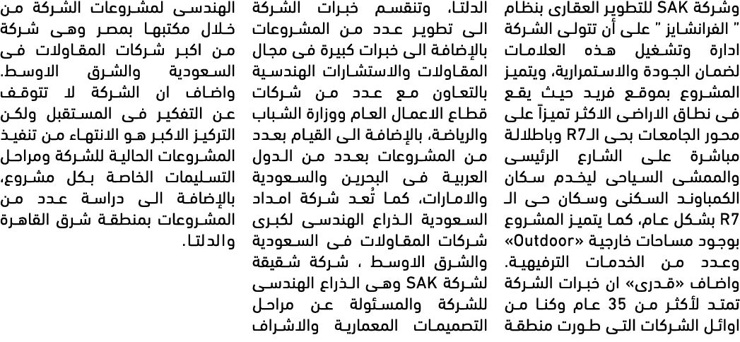 وشركة SAK للتطوير العقارى بنظام “ الفرانشايز “ على أن تتولى الشركة ادارة وتشغيل هذه العلامات لضمان الجودة والاستمراري...