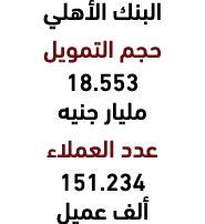 البنك الأهلي حجم التمويل 18.553 مليار جنيه عدد العملاء 151.234 ألف عميل