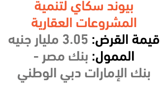 بيوند سكاي لتنمية المشروعات العقارية قيمة القرض: 3.05 مليار جنيه الممول: بنك مصر بنك الإمارات دبي الوطني