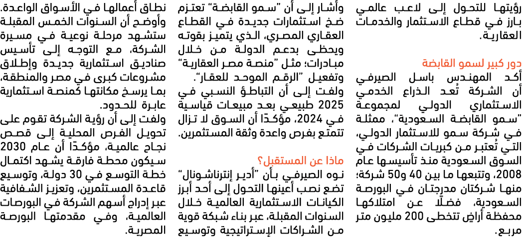 رؤيتها للتحول إلى لاعب عالمي بارز في قطاع الاستثمار والخدمات العقارية. دور كبير لسمو القابضة أكد المهندس باسل الصيرفي...