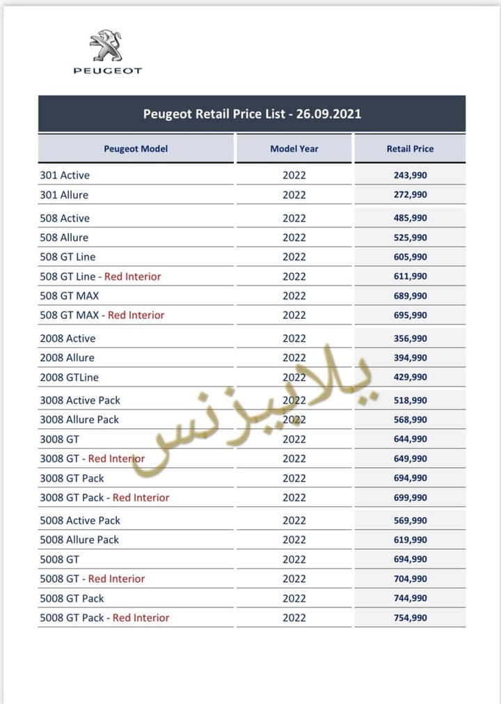 أسعار سيارات بيجو 301 موديل 2022 
