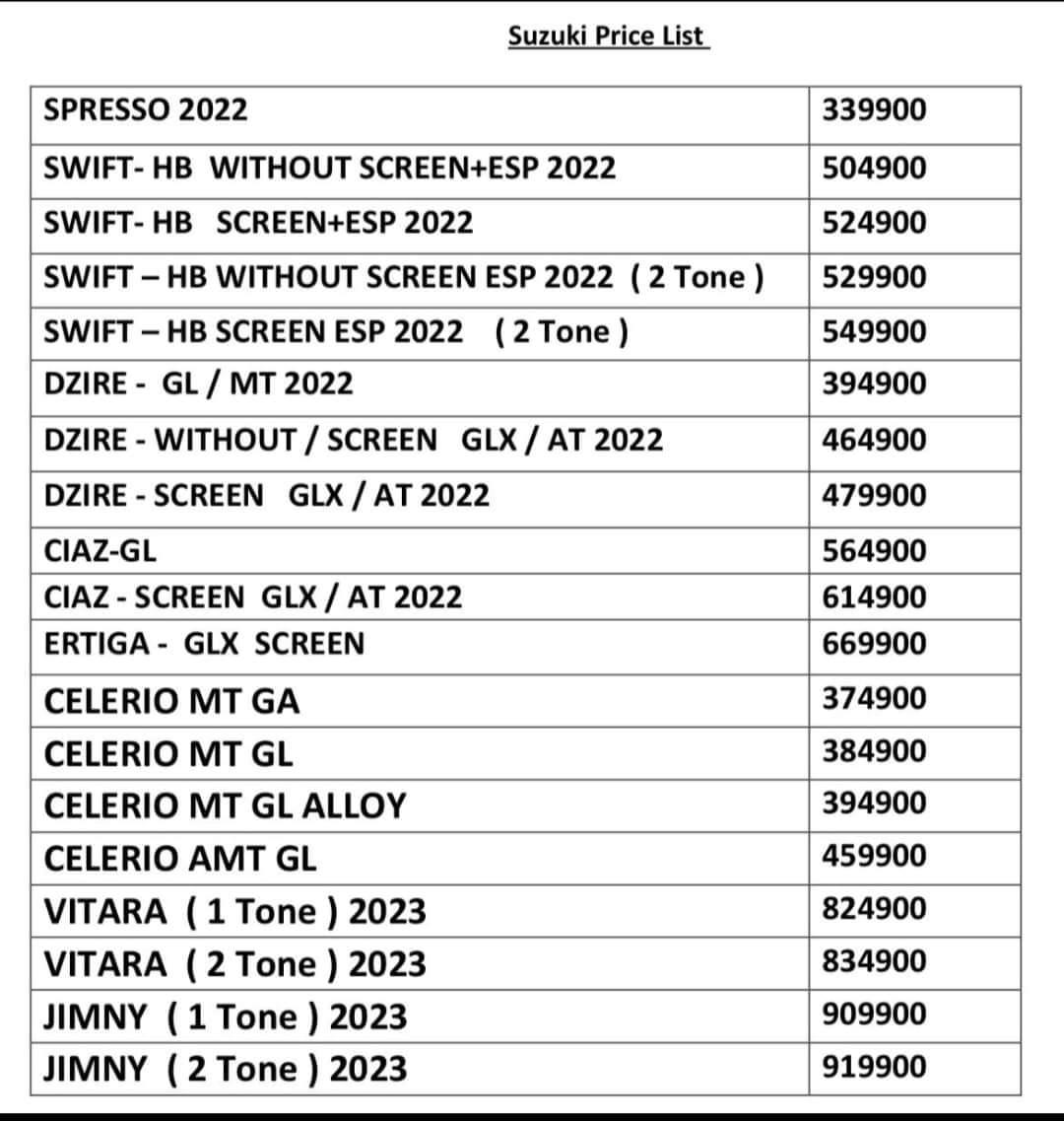 قائمة أسعار سيارات سوزوكي 2023 الجديدة 